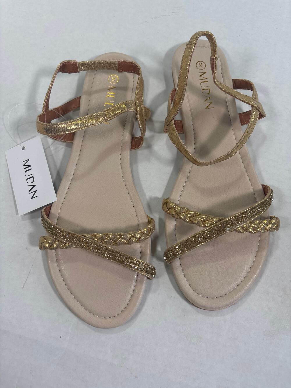 Mudan Champagne Jeweled Cross Strap Flat Sandals Size 9